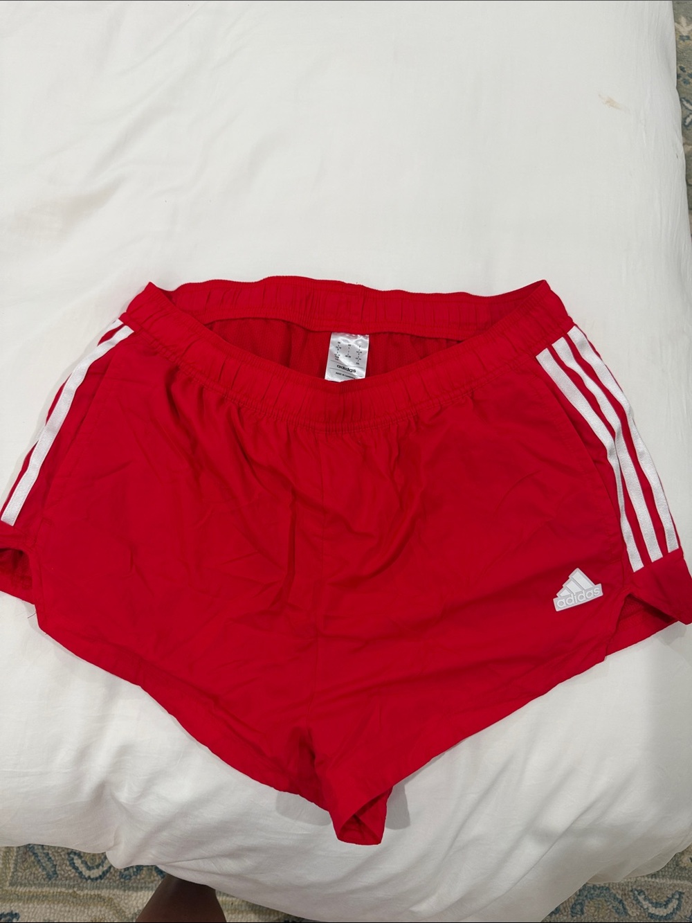 adidas Women’s Red Athletic Shorts with White Stripes
